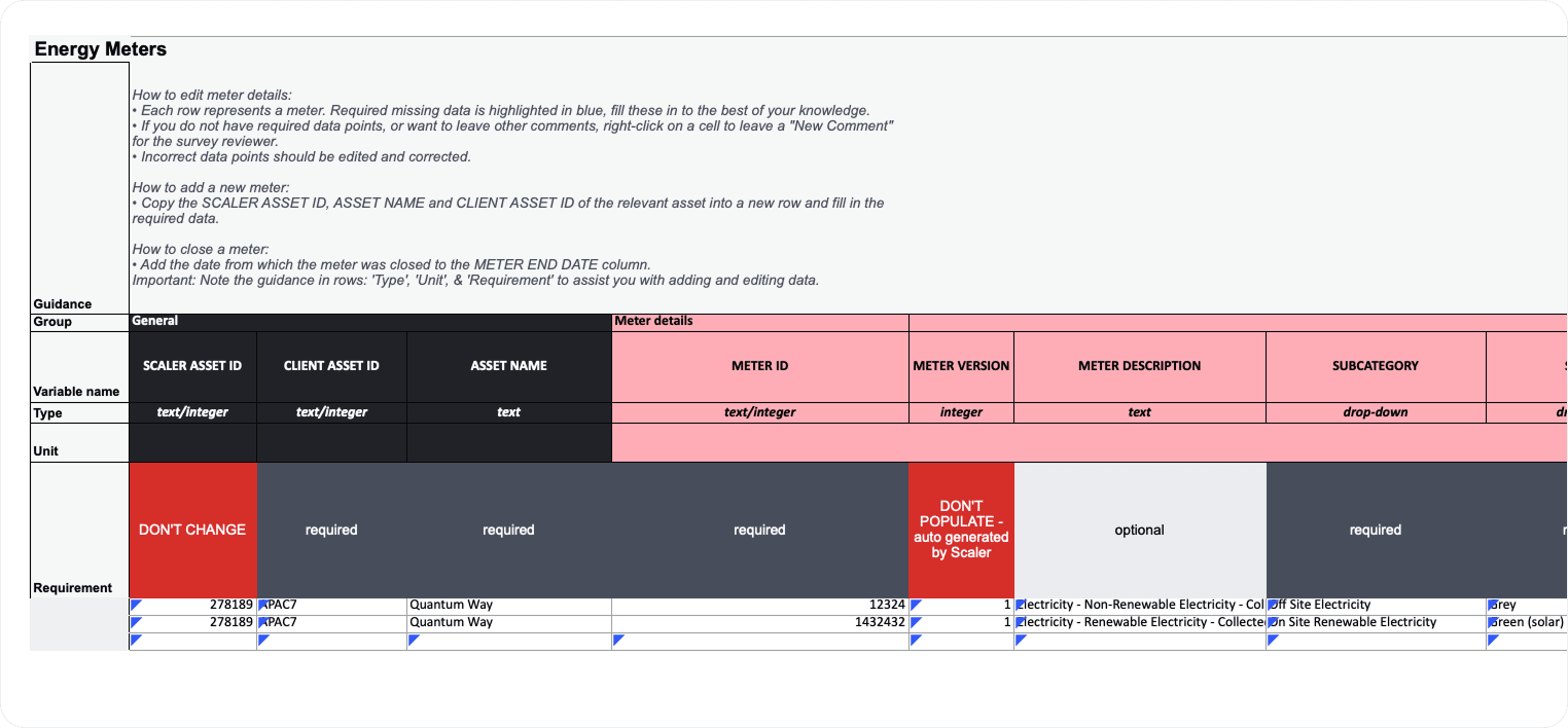 The export template in Excel, with guidance, required fields and the asset IDs the import checks against