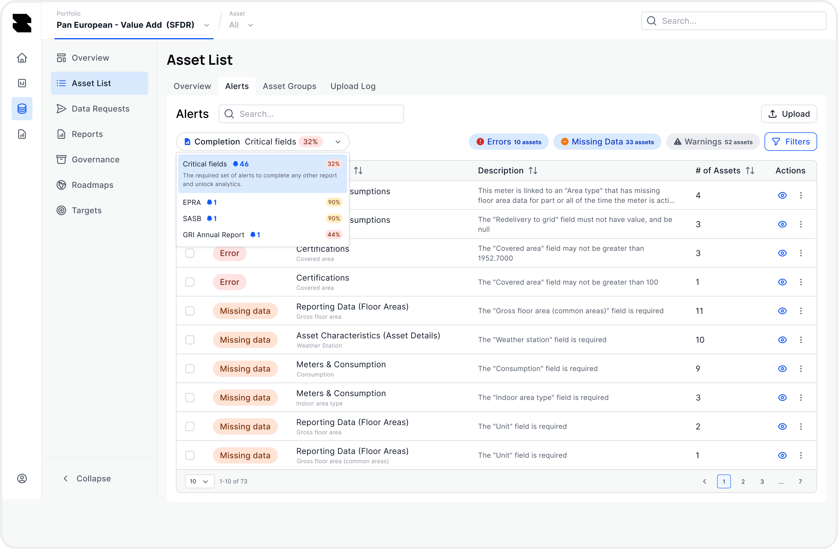 The Alerts table with the completion filter dropdown open, showing critical fields and per-framework completion for EPRA, SASB and GRI Annual Report