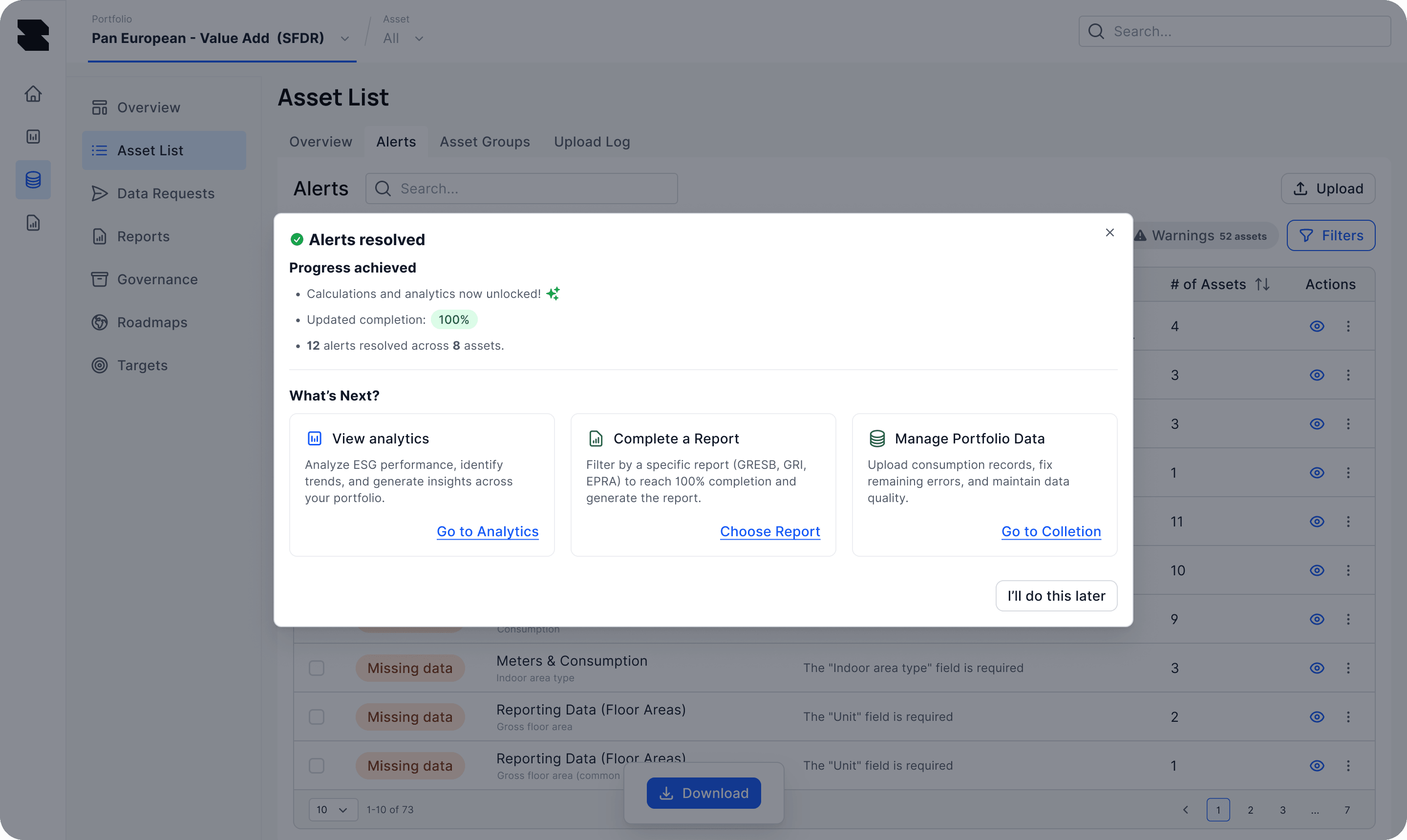 Alerts resolved dialog: calculations and analytics unlocked, completion updated to 100 percent, 12 alerts resolved across 8 assets, with next steps to view analytics, complete a report or manage portfolio data