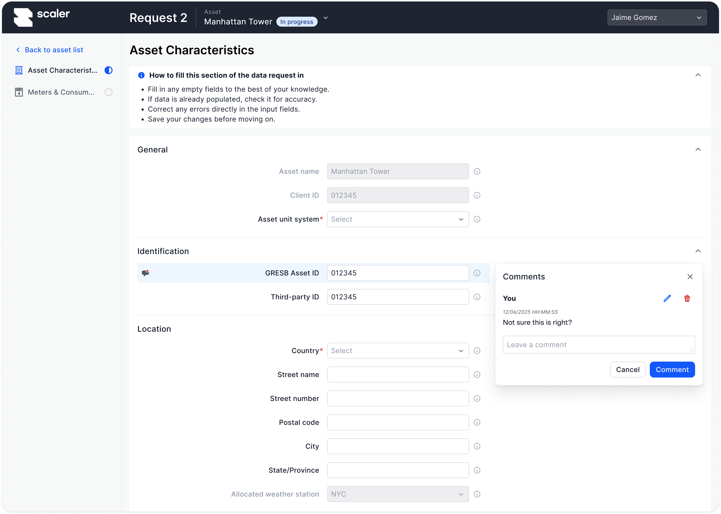 The contributor view of a request with instructions, prefilled fields and a comment on one field