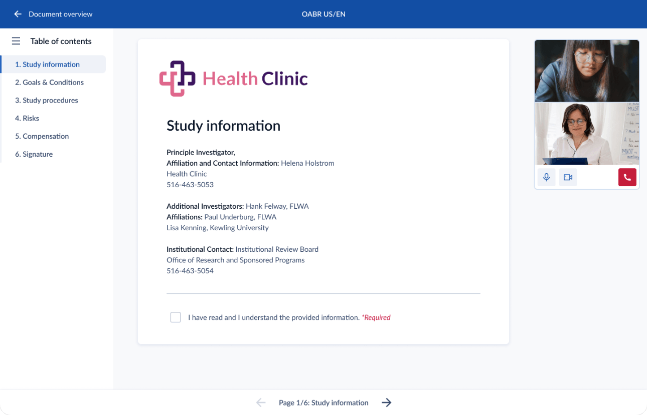 The participant consent experience on desktop, a step in the signing journey