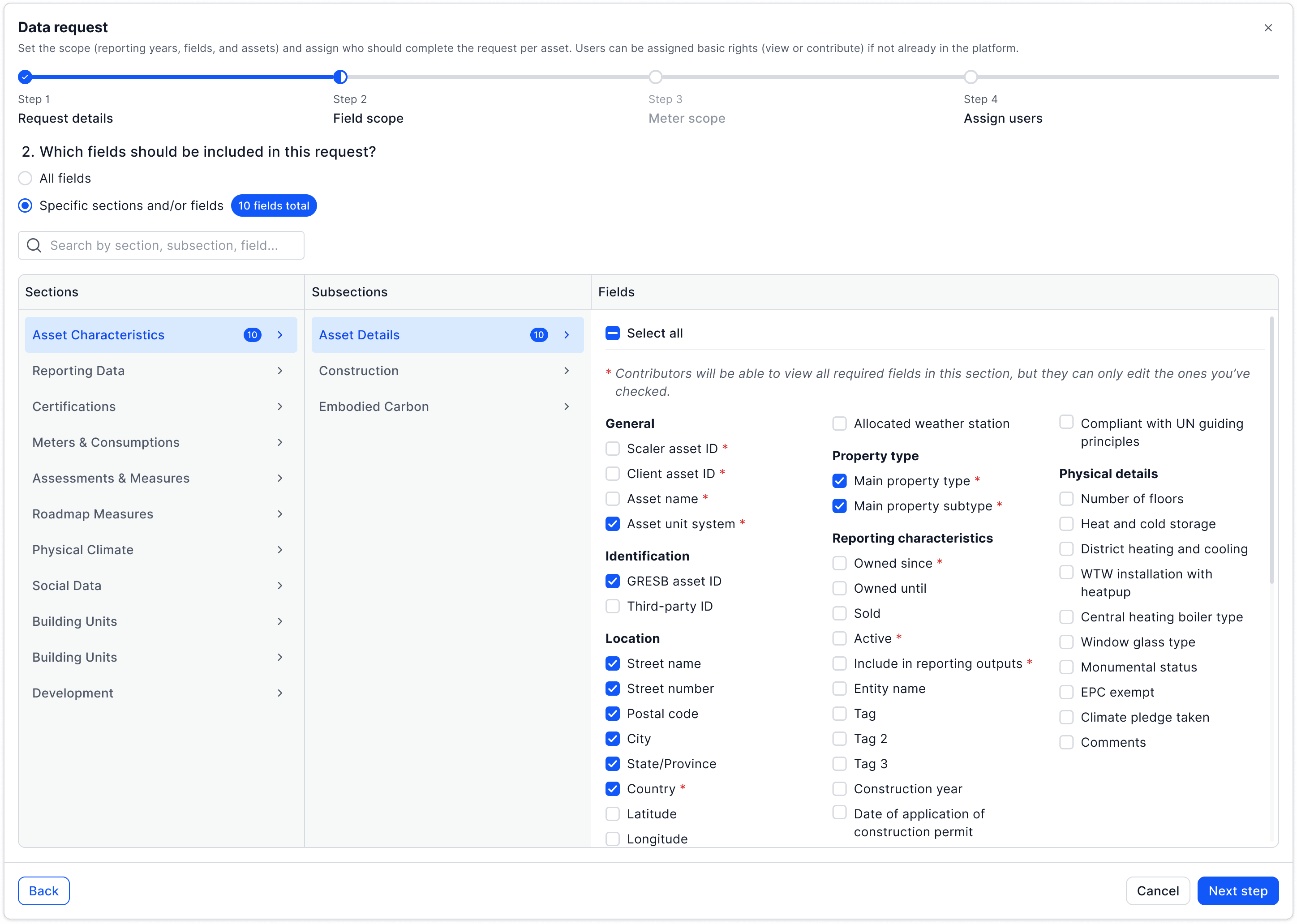 Request setup step two, field scope, with sections, subsections and per-field checkboxes