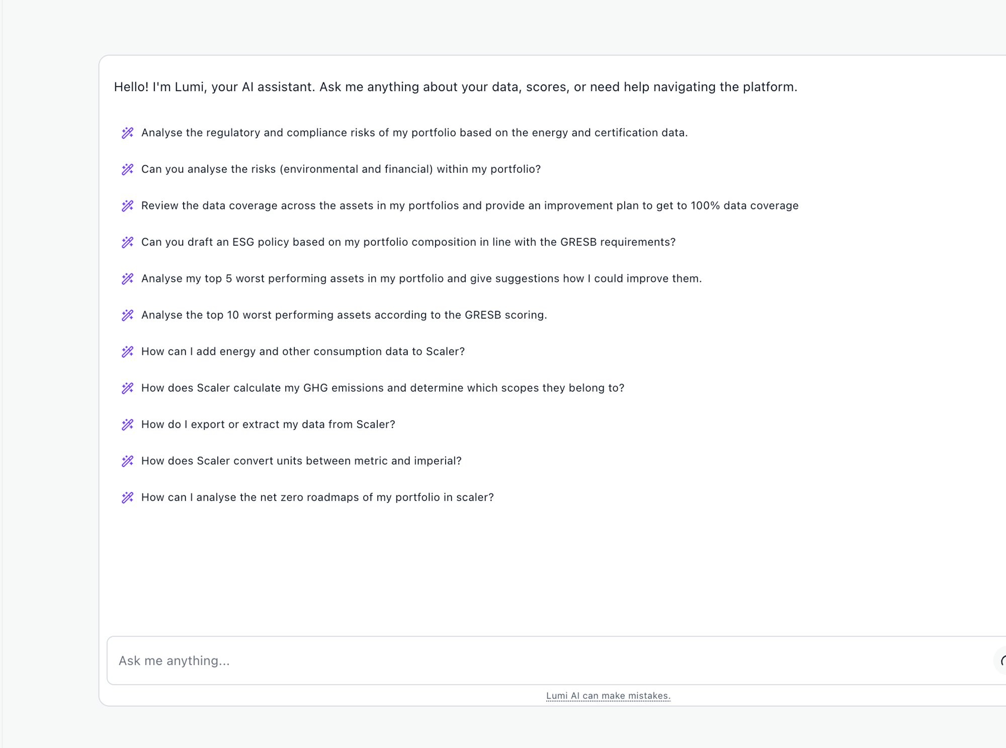 The original Lumi panel with eleven generic prompts, from analysing regulatory risk to converting units