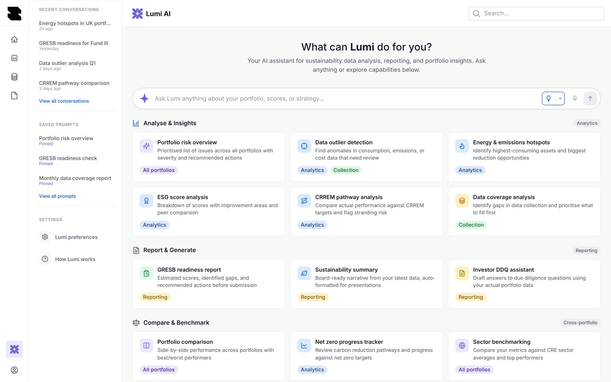 The Lumi hub with recent conversations, saved prompts and capabilities grouped by analyse, report and compare