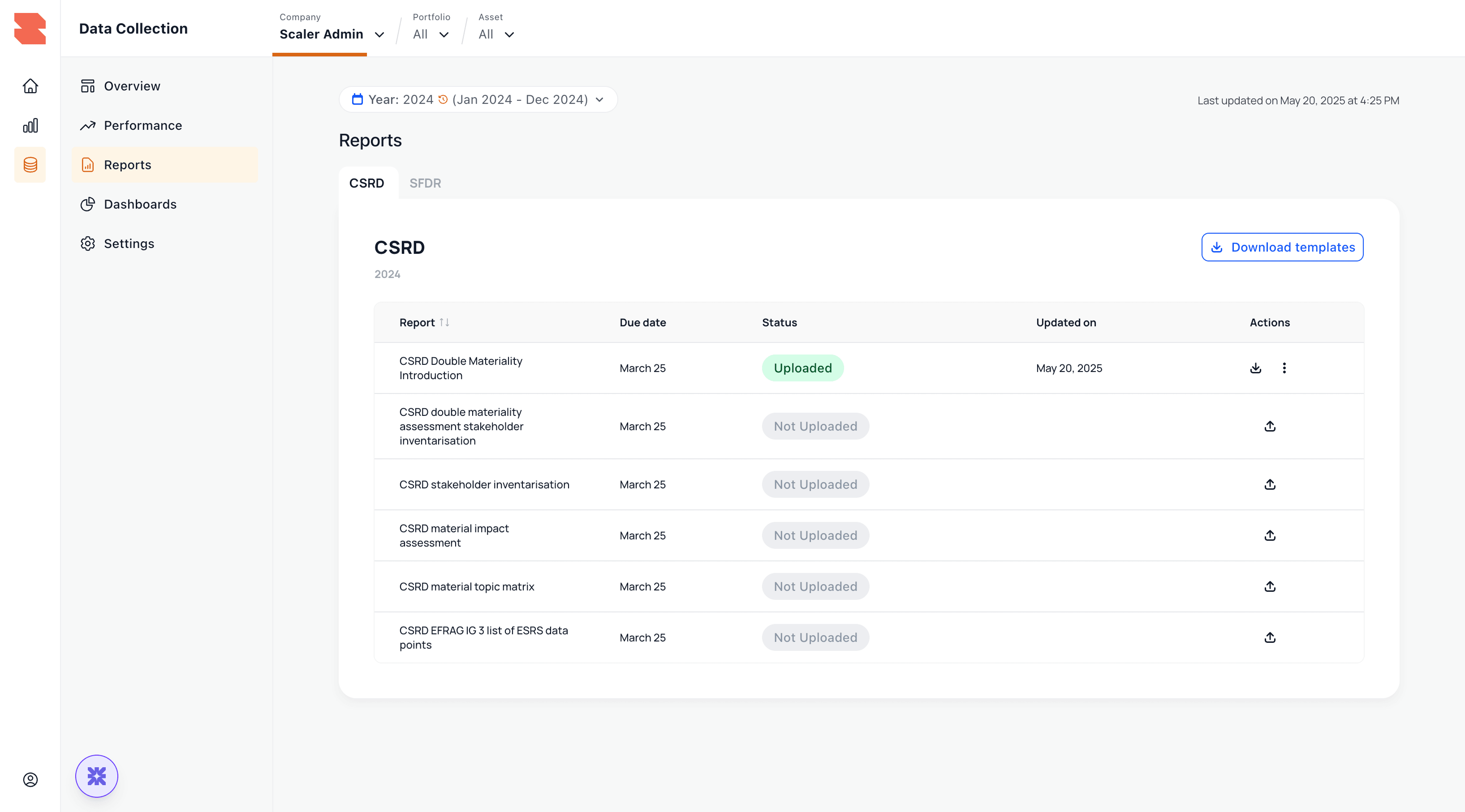 The old Reports tab inside Data Collection: a table of CSRD report rows with Not Uploaded statuses and a download templates button